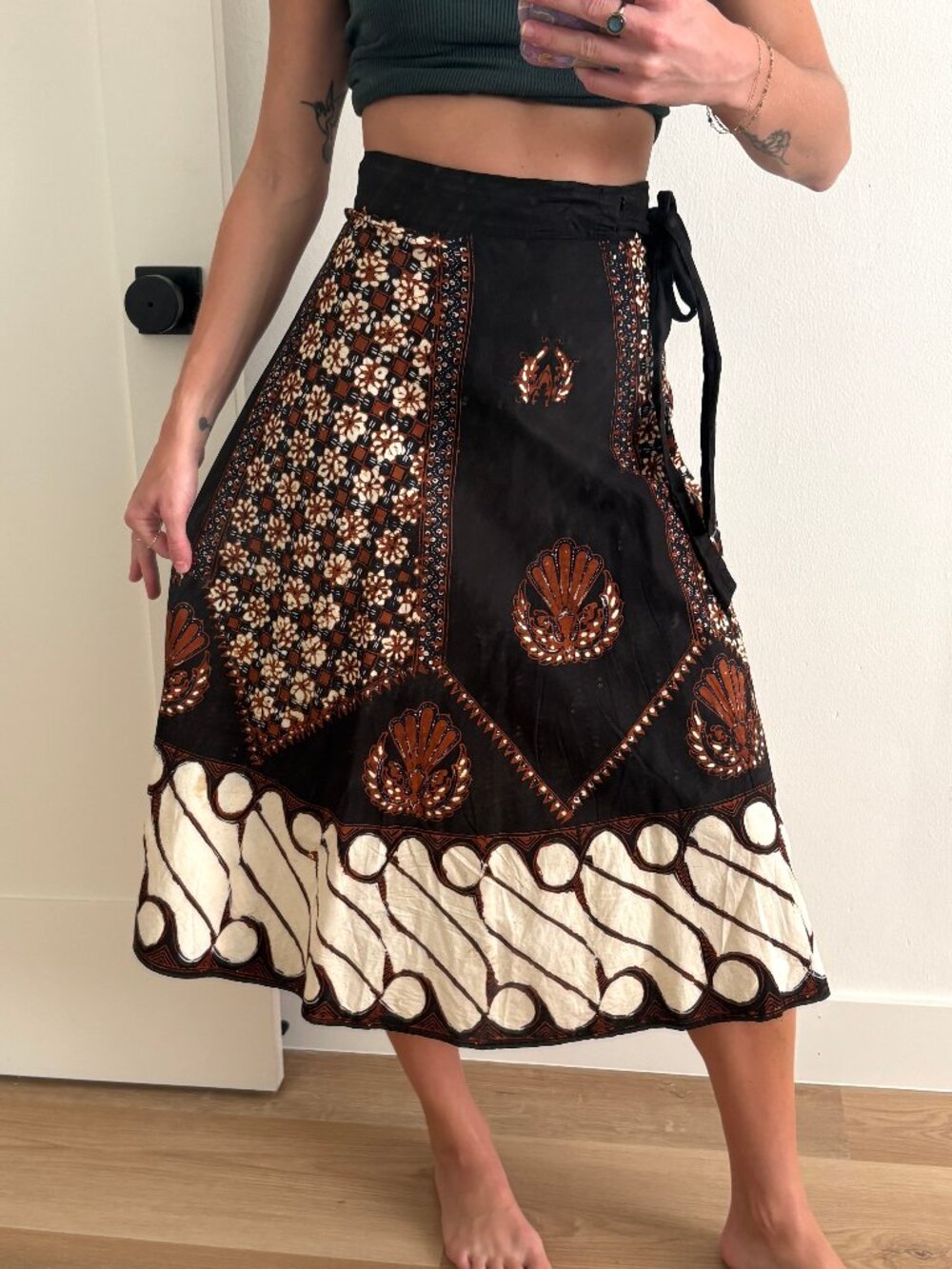 Vintage Indonesian Batik Wrap Midi Skirt Boho Festival One Size